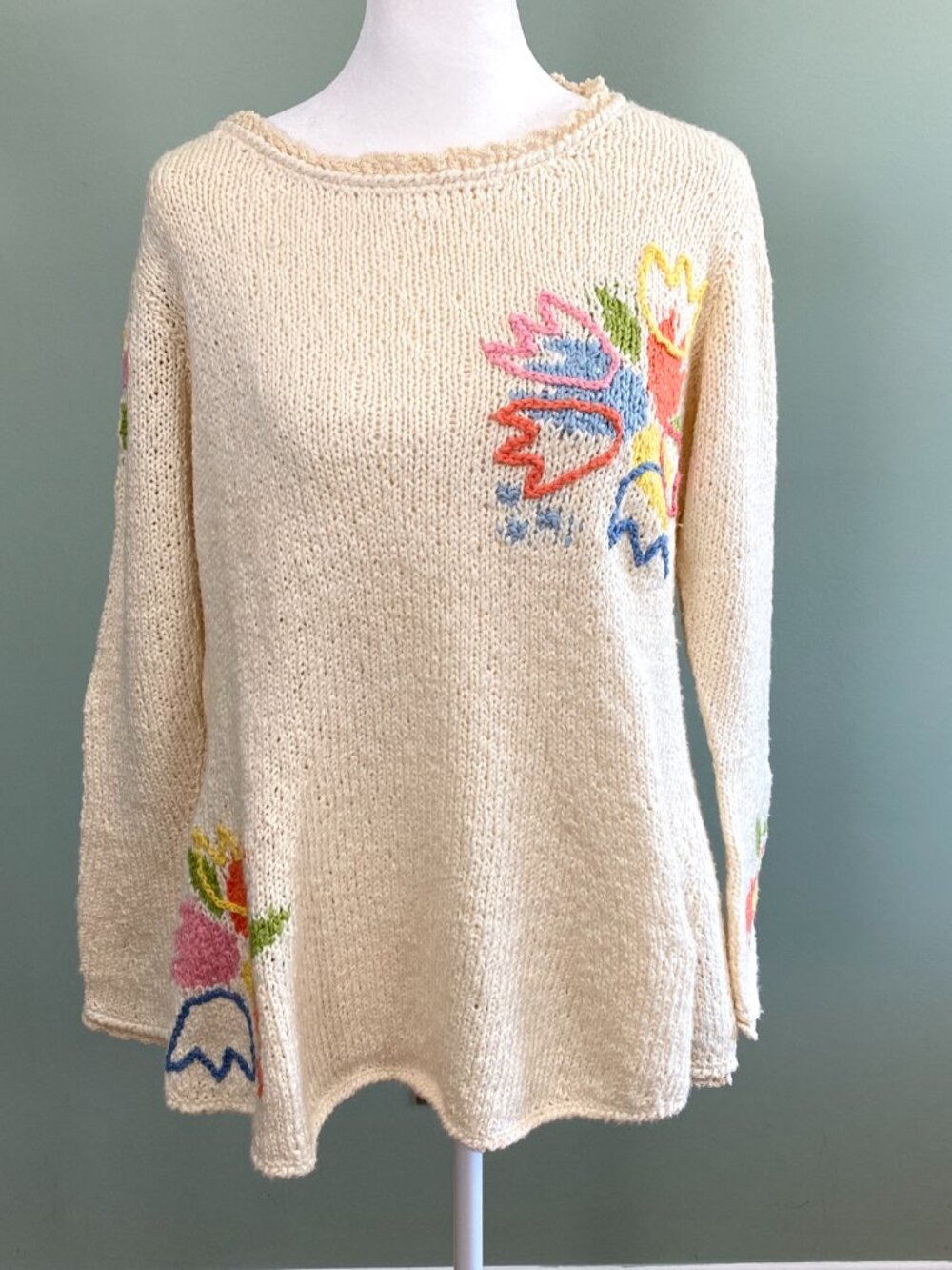 Amano Floral Sweater Cotton Knit Embroidered Crochet Trim Womens S/M Cream Boho